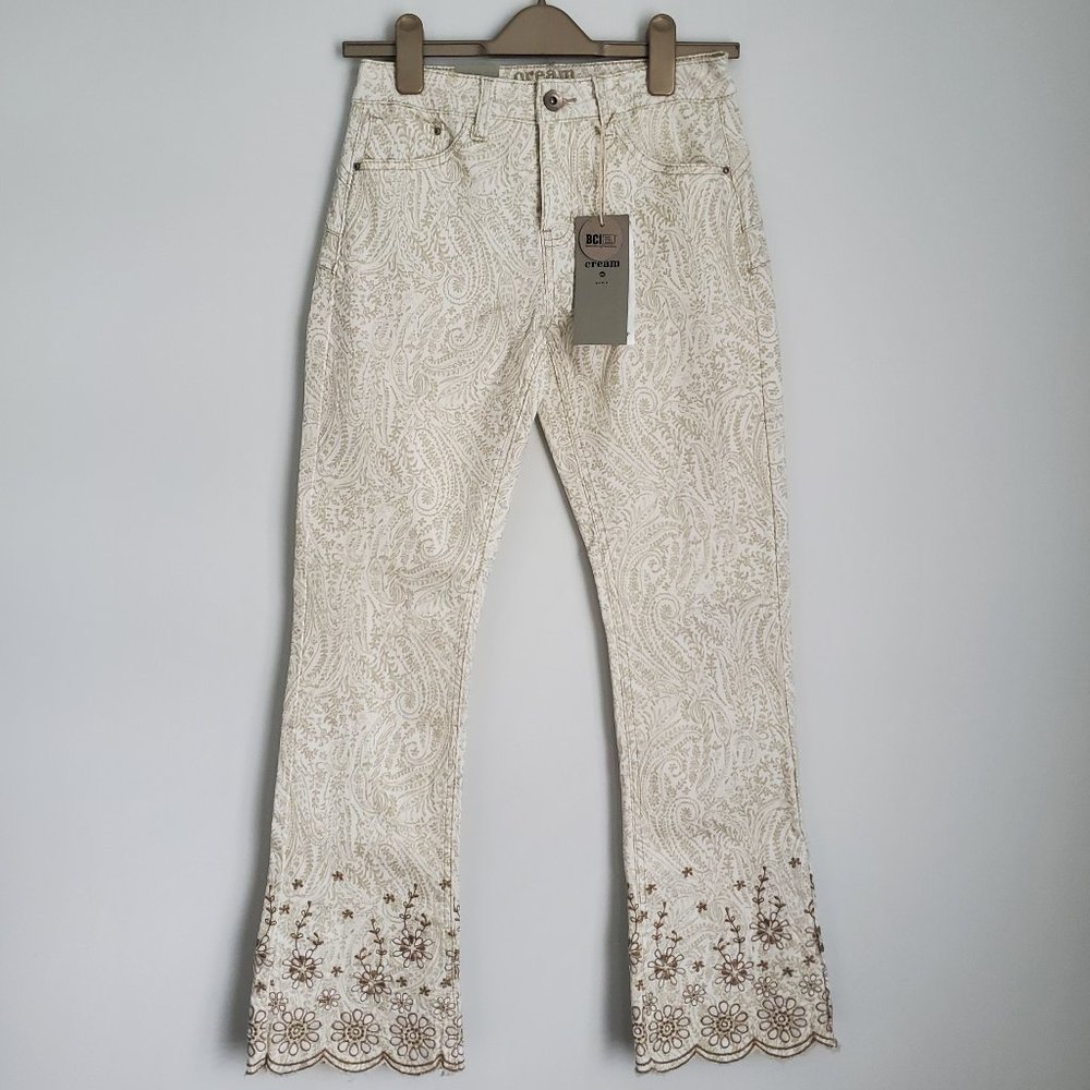 HOST PICK CREAM Brand Women's Embroidered Flared Jeans Paisley Print White Taupe